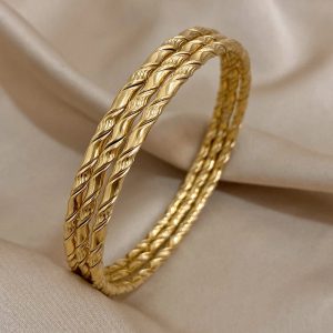 3PCS Gold Color Twist Stainless Steel Bangle Set β Chic Tibetan Buddha-Inspired Stackable Bracelets for Women