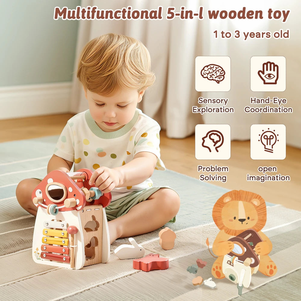 Montessori Five-in-One Wooden Mushroom Toy - Multi-Functional Puzzle - Image 5