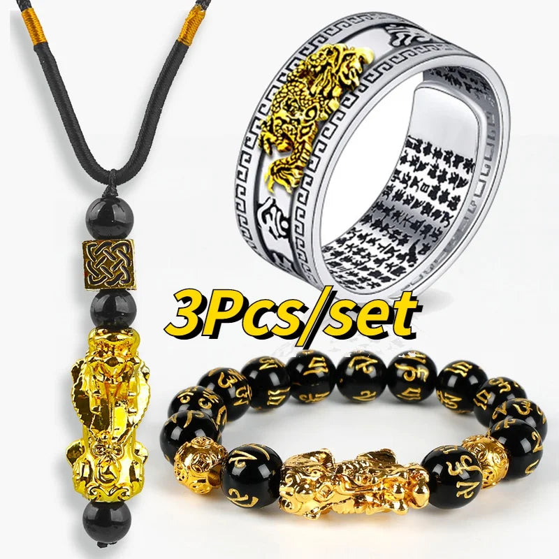 3PCS/Set Pixiu Feng Shui Jewelry – Obsidian Bracelet, Ring & Necklace Set for Wealth & Good Luck